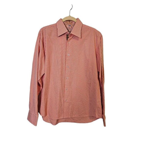 Visconti orange and white checkered button down dress shirt.  Size L. - Picture 1 of 4